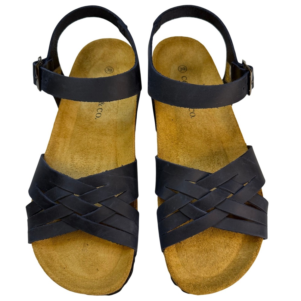 Celtic & Co. Navy Woven Leather Sandals Low Wedge Buckle EU39 US 8 NWT